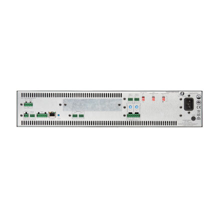 Rear panel of the Cloud CV2500EK 2 x 500W 70/100V line digital amplifier, showing speaker terminals, Ethernet and RS-232 control ports, and IEC power inlet.