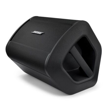 Bose S1 Pro+ System in its tilted-back position, angled upward with the integrated carry handle visible.