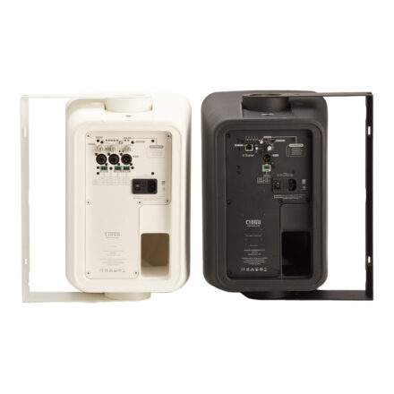 Rear view of Cloud CS-S8 active 8-inch surface-mount speaker in white and black finishes, showing built-in amplifier controls, Dante network input, and power input.